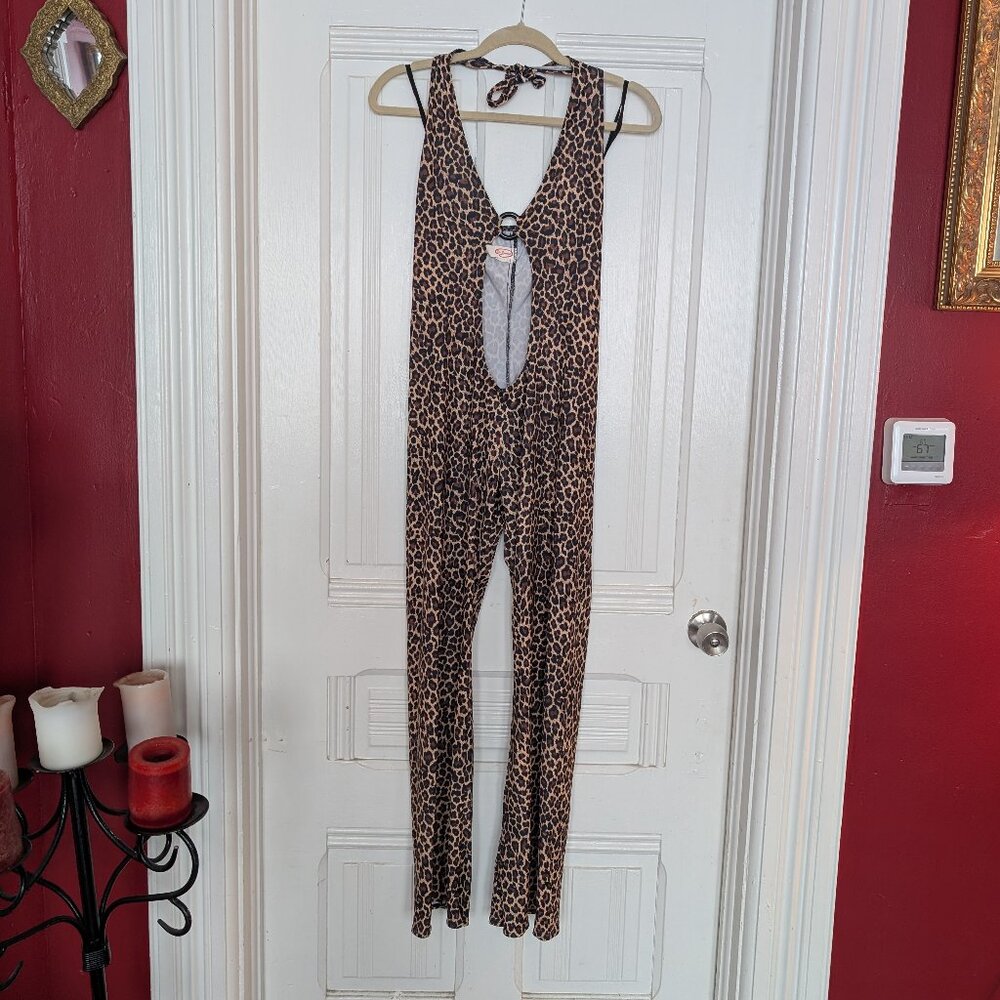 Vintage Sex Symbol Flared Keyhole Leopard Halter Catsuit Size M